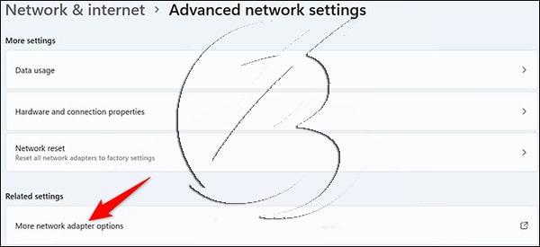 گزینه More Network Adapter Options جهت مشاهده پسورد وای فای ویندوز 11